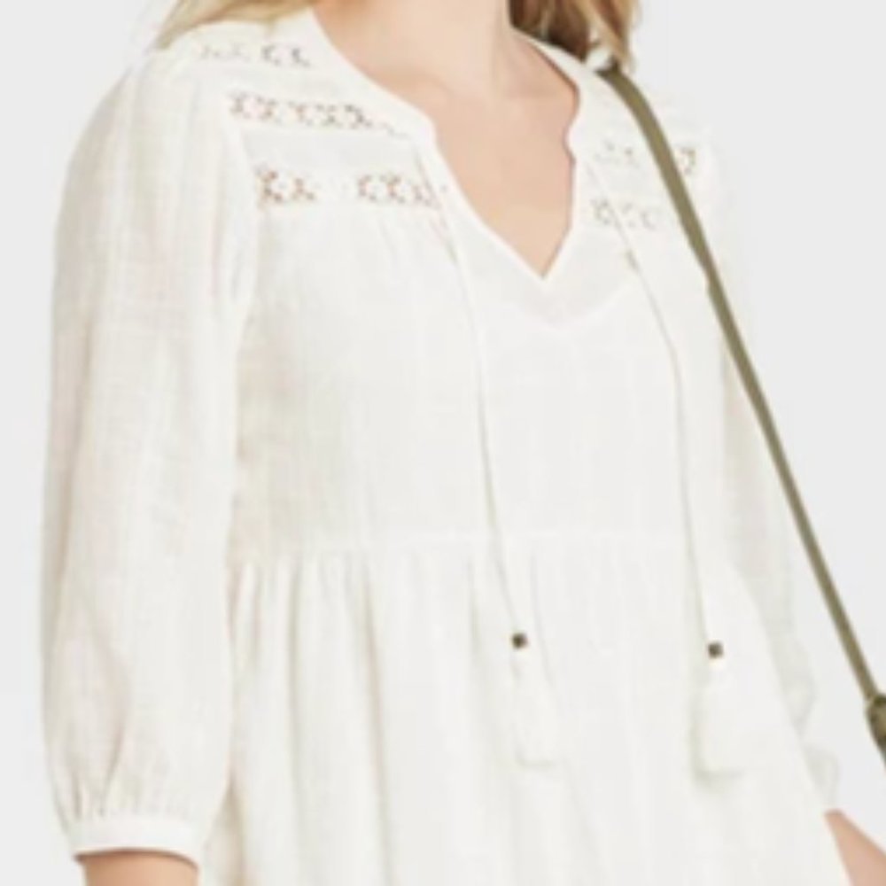 Women Boho Dress Long Sleeve Peasant Shift Ivory L - Picture 3 of 6